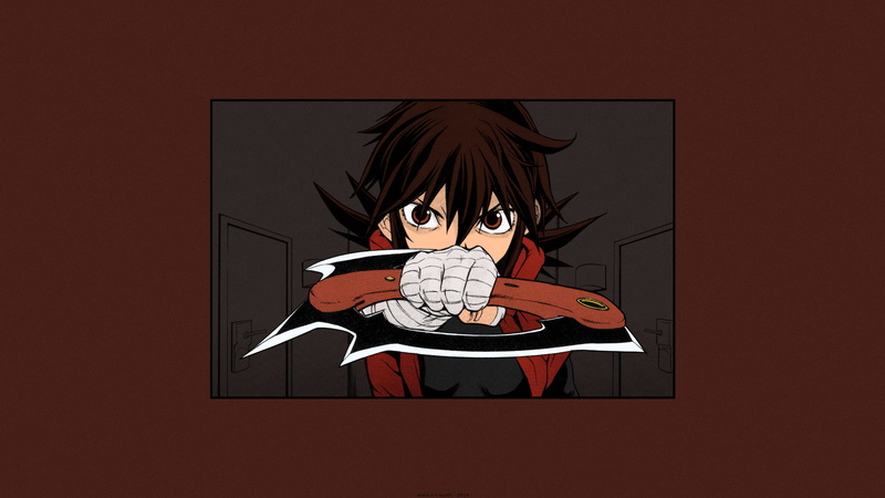 brunette, bandage, mouth open, child, studio shot, colored background, indoors, short hair, battle axe, red, digital composite, D.P, Shirato Marin, Killer