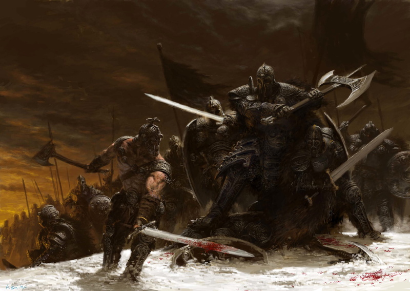 horror, snow, nature, holding, statue, animal, outdoors, sculpture, fighting, violence, spooky, conflict, axe, human representation, people, gladiator