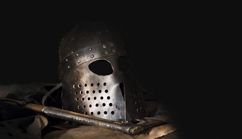 steel, knight, 4K, dark, copy space, no people, knight - person, ominous, battle, close-up, metal, black background, helmet, single object, hole, armor
