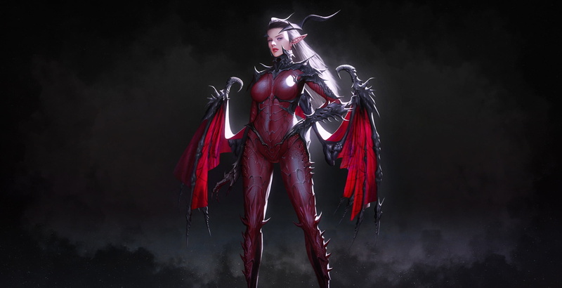 creature, wings, fantasy girl, 1080P, succubus, demon, pointy ears, simple background, fantasy art, artwork