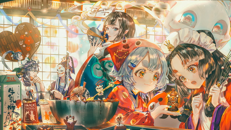 drawing, artwork, anime girls, fantasy art, cooking, pointy ears, 720P, original characters, 2D, chocolate, illustration, Valentines Day, anime, colorful