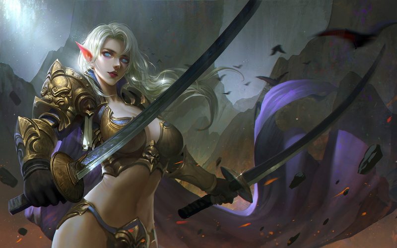 Elf, armor, blue eyes, 1080P, swords, weapons, cleavage, warrior, fantasy art, fantasy girl, artwork, fantasy, girl, pointy ears, blonde