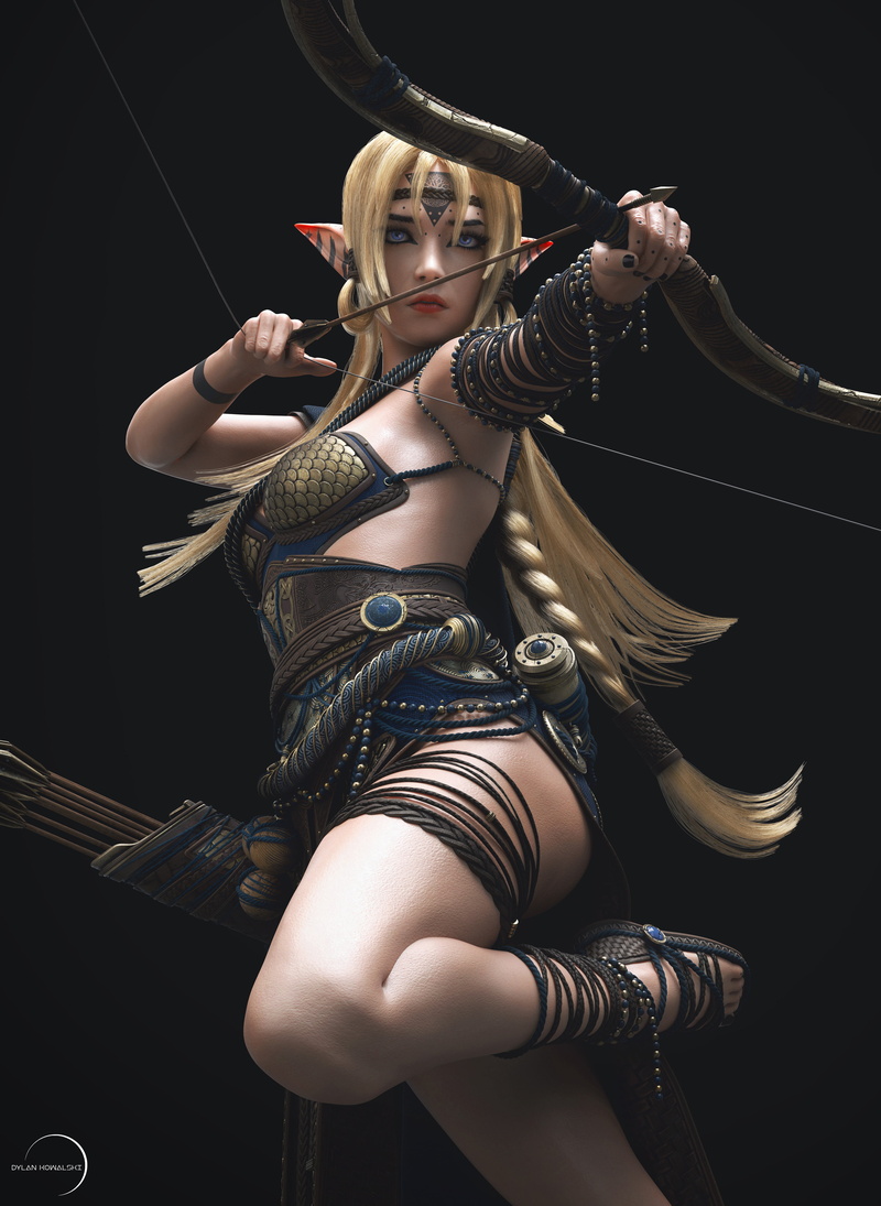 fantasy art, arrows, Dylan Kowalski, archer, women, elves, fantasy girl, CGI, simple background, black background, red lipstick, aiming, 5K, long hair