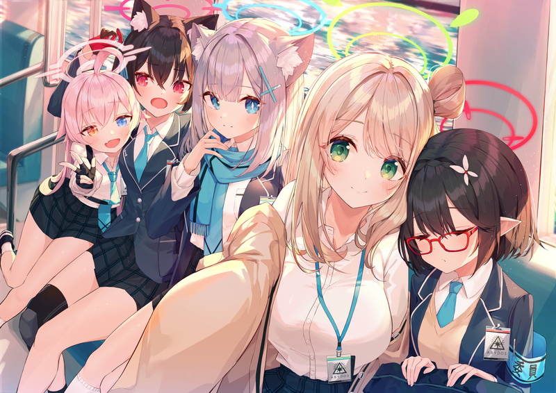 Kuromi Serika (Blue Archive), Munseonghwa, anime, heterochromia, blue archive, pointy ears, Sunaookami Shiroko(Blue Archive), Izayoi Nonomi(Blue Archive)