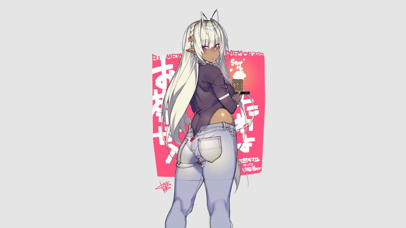 Soukou Akki Muramasa, jeans, long hair, anime girls, silver hair, pointy ears, blushing, Sansei Muramasa, leotard, elf ears, dark skin, Namaniku ATK, anime