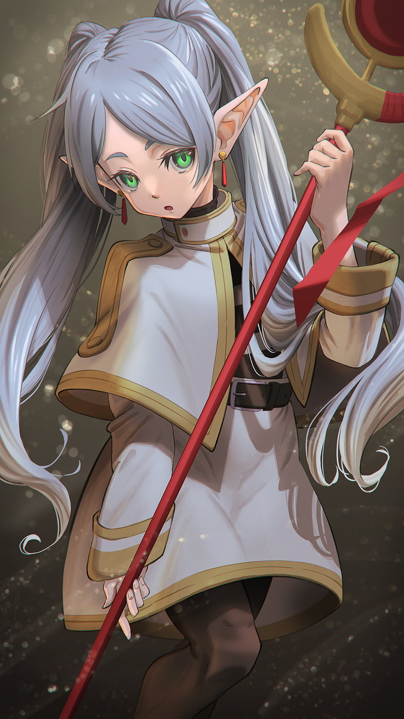 green eyes, grey hair, robe, looking at viewer, elf ears, twintails, staff, 720P, pointy ears, wizard, Sousou No Frieren