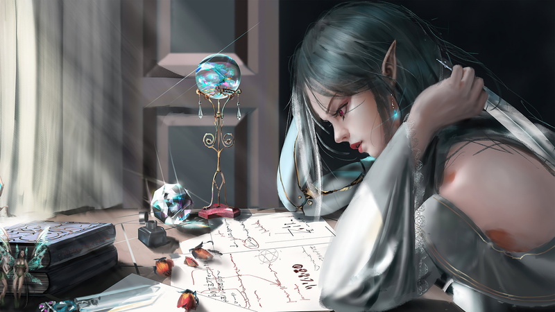 digital art, red eyes, fantasy girl, pointed ears, pointy ears, books, women, blue eyes, bare shoulders, fantasy art, fairies, elves, 4K, artwork