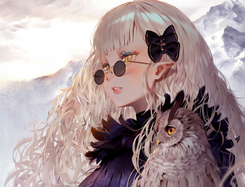 Girl, artwork, 1080P, sunglases, anime, hair bows, long hair, art, hair ornament, birds, looking into the distance, anime girl, pointy ears, glasses, sweater