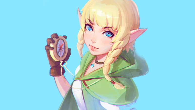 hood, digital art, necklace, fantasy art, artwork, cape, glove, compass, fantasy, simple background, 1080P, pointy ears, blonde, sapphire, girl, braids