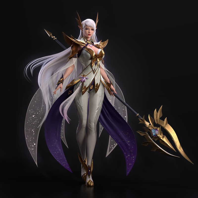 purple clothing, dark, elves, 4K, CGI, women, fantasy art, weapon, pointy ears, dress, walking, Cifangyi, staff, white clothing