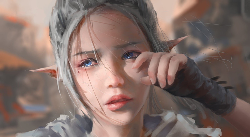 crying, 720P, blue eyes, fantasy Art, gloves, painting, Grey Hair, elves, tears, Elven Ears, WLOP