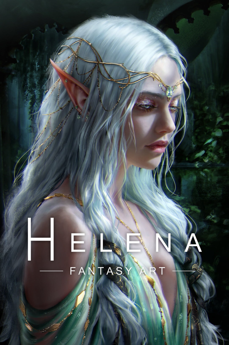 ArtStation, women, blonde, elven, digital art, elves, 720P, fantasy girl, fantasy art, elf ears, Helena Cnockaert, portrait display, white hair, looking below