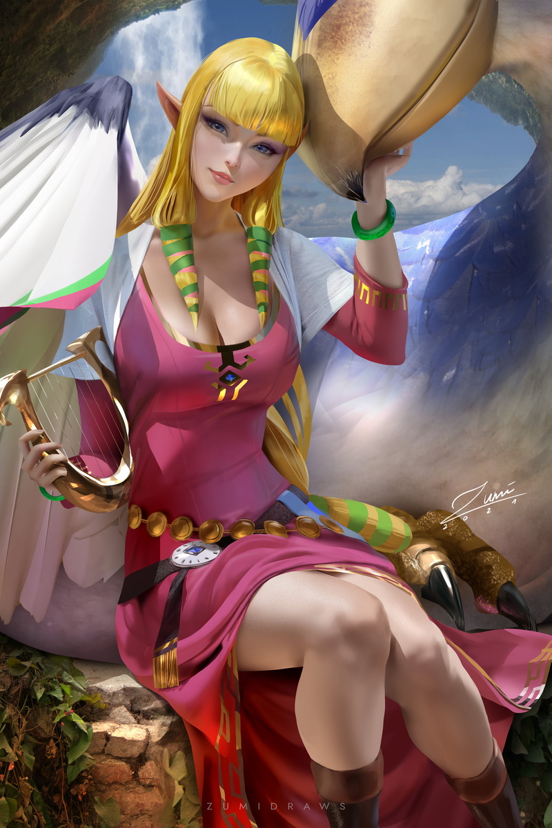 drawing, video game characters, bangs, blonde, pink dress, sitting, looking at viewer, illustration, Princess Zelda, elven, The Legend of Zelda, Zelda