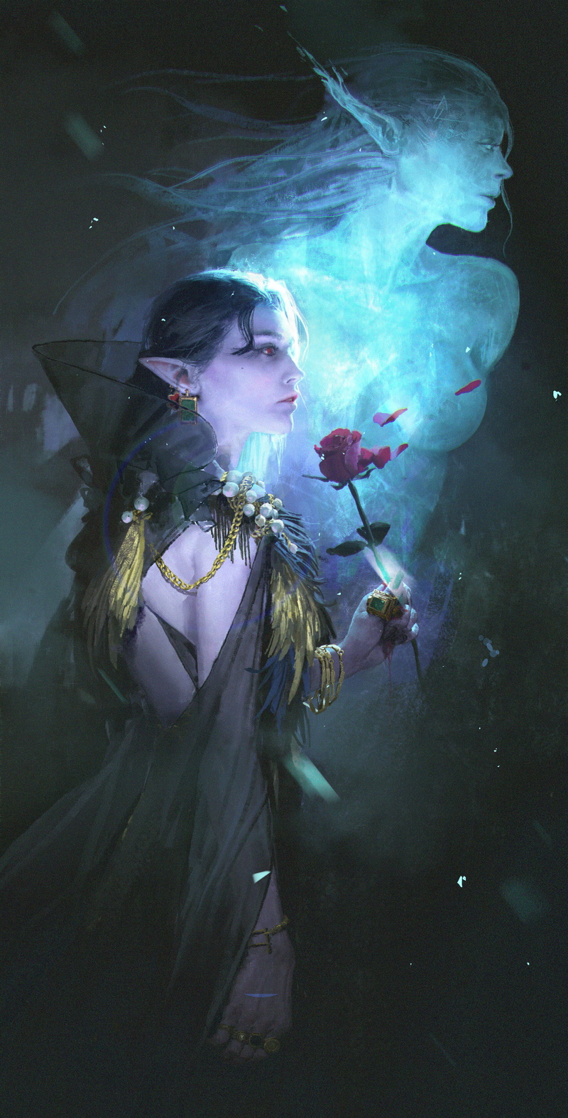 fallen leaves, elven, open mouth, elf ears, Insist __ (Artist), portrait display, side view, women, Elfs, drawing, ArtStation, roses, digital art, ghosts