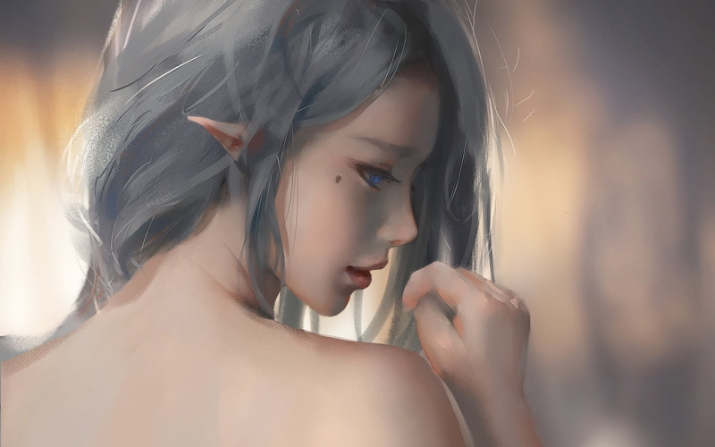 elves elven ears bare shoulders blue eyes grey hair wlop fantasy art painting, 720P
