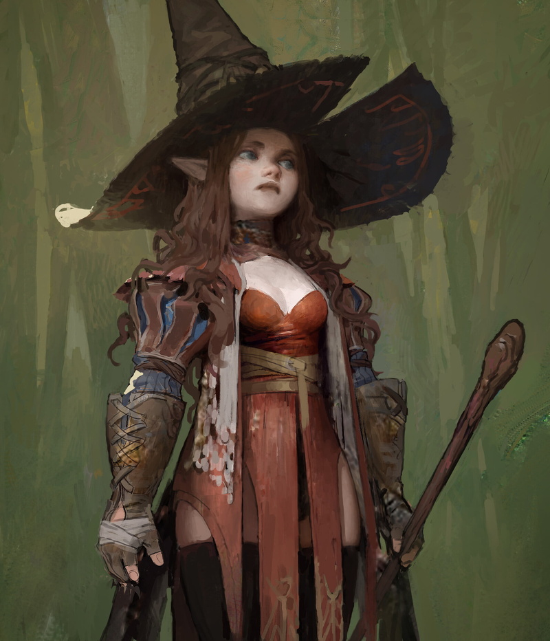 robes, elven, staff, forest, fantasy art, 1080P, witch hat, elf ears, witch
