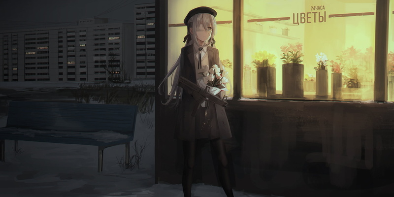 hair bows, standing, building, original characters, 2D, submachine gun, women, white flowers, eye patch, night, weapon, white hair, environment, snow, anime girls