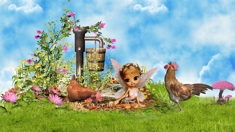 summer, flowers, 1080P, pixie, spring, friendly, bucket, mushrooms, fairy, chickens, lawn, summers, water pump, rooster