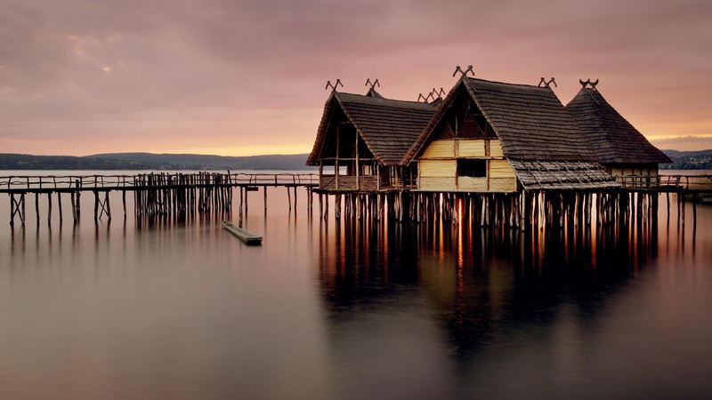 beautiful, clouds, reflection, lake, nature, house, brown, hut, sunsets, 1080P, beach, lakes, beige, dwellings, germany, lights, 3d and a
