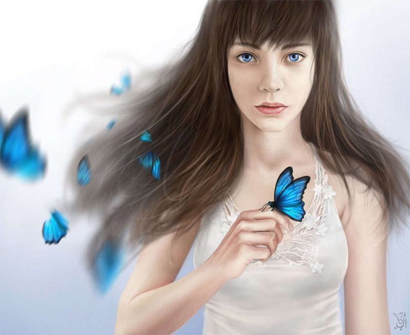 eyes, fantsy, blue, butterfly, long, hair, 720P, girl