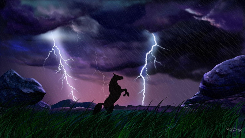 storm, lightning, dark, clouds, rocks, 3d and abstract, grass, night, stormy, horse, 1080P, firefox persona