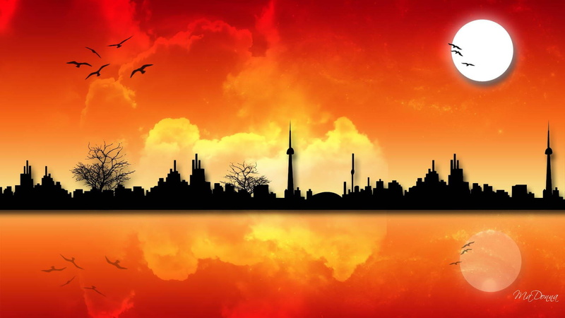 town, city, sunset, trees, water, moon, 3d and abstrac, sunsets, clouds, birds, 1080P, firefox persona, reflection
