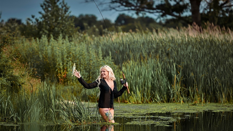woman, blonde, tattoo, fishing rod, smiling, lake, fish, 1080P, 1920x1080, fishing, rod
