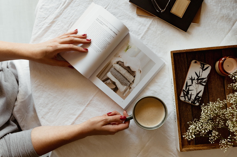 top view, 5K, cup, opened book, publication, book, holding, table, women, read, paper, relaxing, one person, indoors, mug, coffee cup, human hand, hands