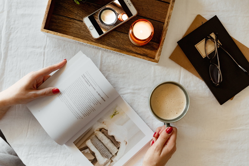 woman, table, directly above, reading, finger, cappucino, adult, hand, high angle view, flat lay, coffee - drink, cup, mug, human hand, one person, time