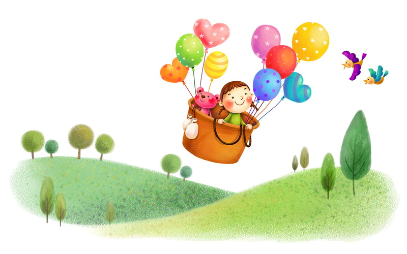travelling, trees, simple, background, art, bird, green, air, 1080P, kids, balloon, bear, hill, artwork, riding, simple background, girl, green hill