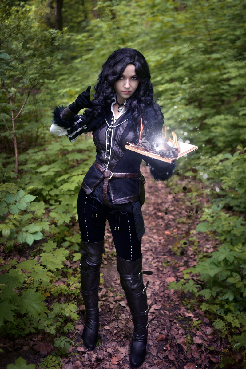 front view, spooky, nature, one person, tree, black color, forest, women, hunter, clothing, 4K, sleeved, pants, long, young adult, witch, hair, outdoors