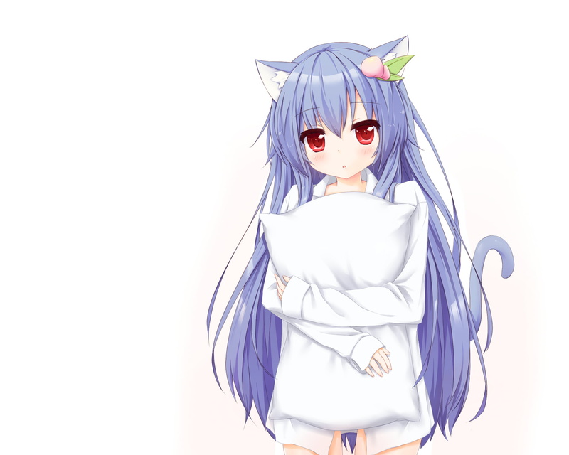 1080P, headscarf, red eyes, clothing, Touhou, cut out, Hinanawi Tenshi, females, nekomimi, pillow hug, copy space, long hair, studio shot, representation
