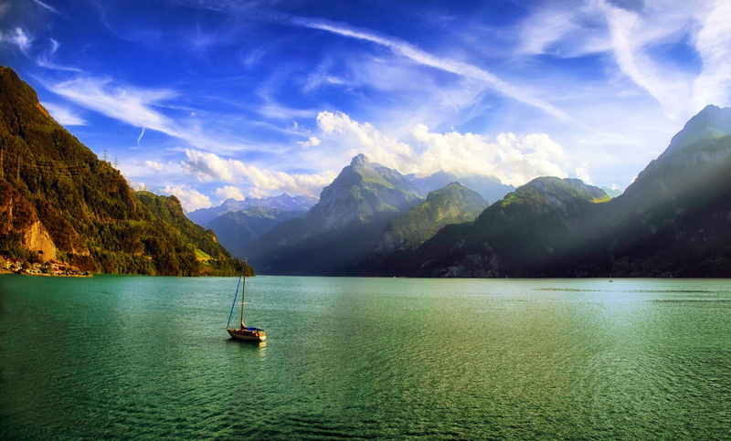 lake, Alps, landscape, mist, tranquility, waterfront, mountain, cloud - sky, mountains, nature, 2K, non-urban scene, brown, sailboat, scenics - nature