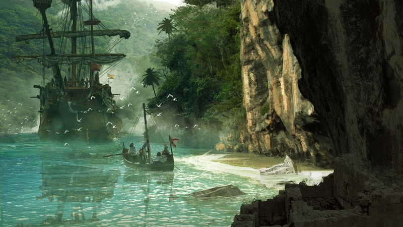 nautical vessel, transportation, illustration, nature, mode of transportation, day, island, galleon, outdoors, water, cave, group of people, landscape