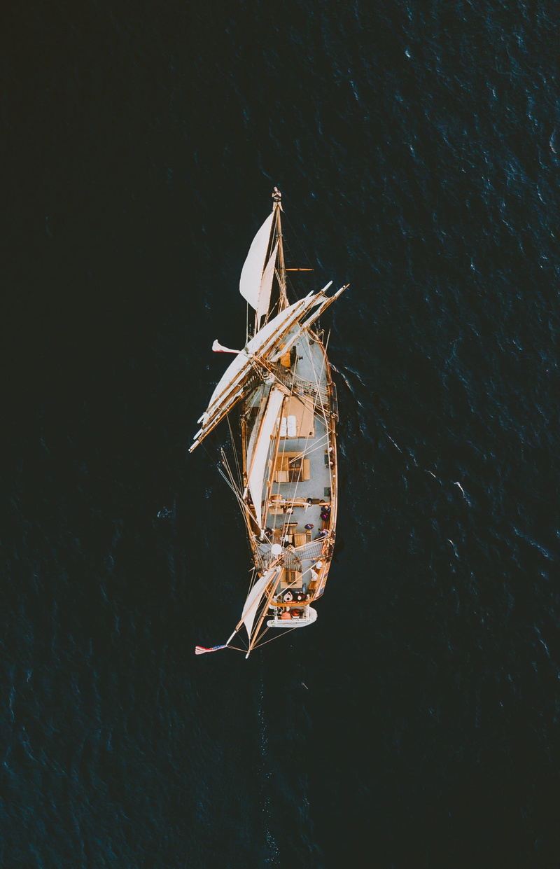 outdoors, 2K, captain, wind, above, drone view, travel, white, ship, pilgrim, nature, galleon, sail, sailor, dark, photography, floating on water, high angle view