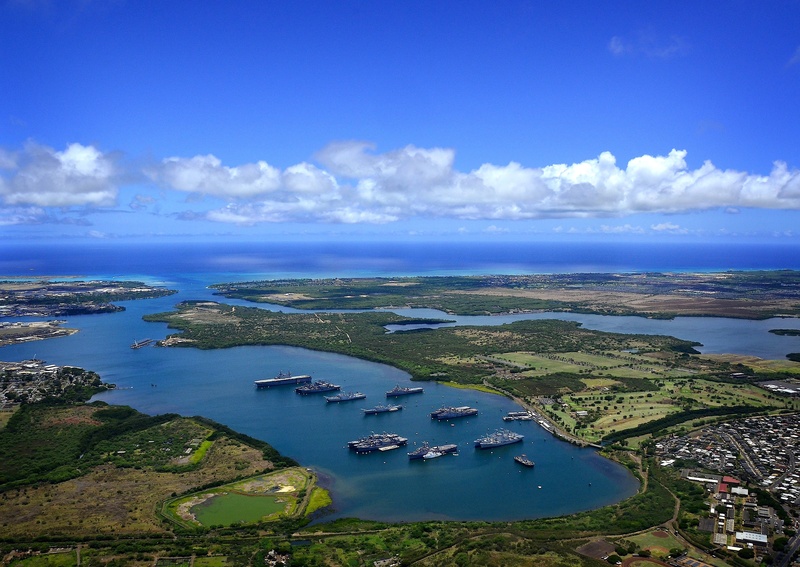 high angle view, scenics - nature, bay, clouds, boat, ocean, horizon over water, tranquil scene, plants, beach, transportation, hawaii, grass, outdoors