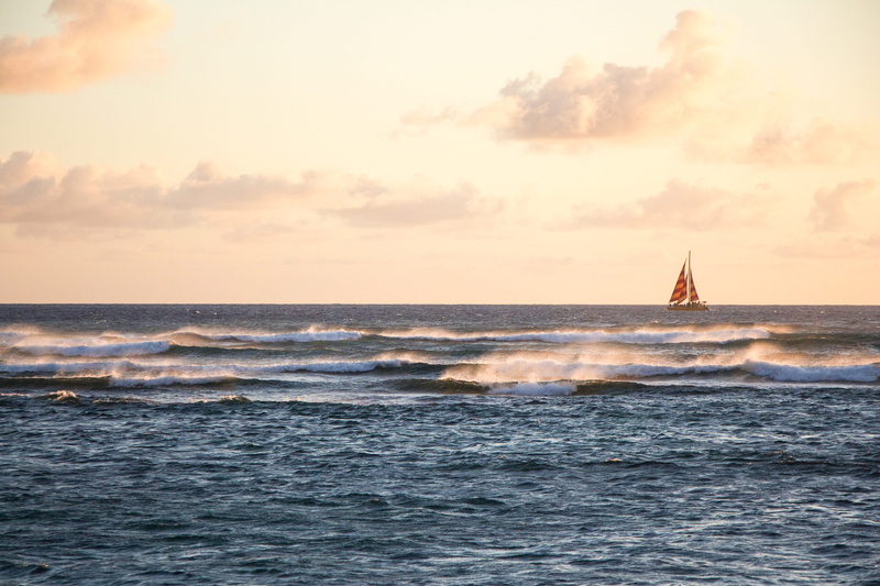 sunny, sail boat, trip, coastline, cloud - sky, water, landscape, hawaii, red, tranquility, outdoors, summer, sunset, transportation, pacific, blue, waterfront