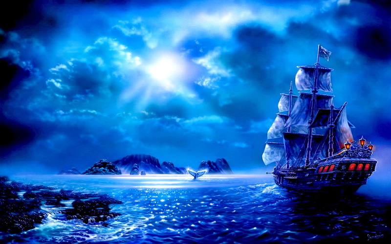 sail, moon shine, brown, poster, sea, galleon, sailing, whale, ship, mountains, 3d and abstract, lights, 1080P, fantasy, night