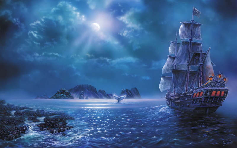 galleon, chasing, ship, fantasy, hd, painting, whale, 720P