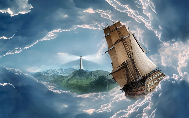 sailing, clouds, galleon, lighthouse, cloud, 1080P, ship, 1920x1200, fantasy