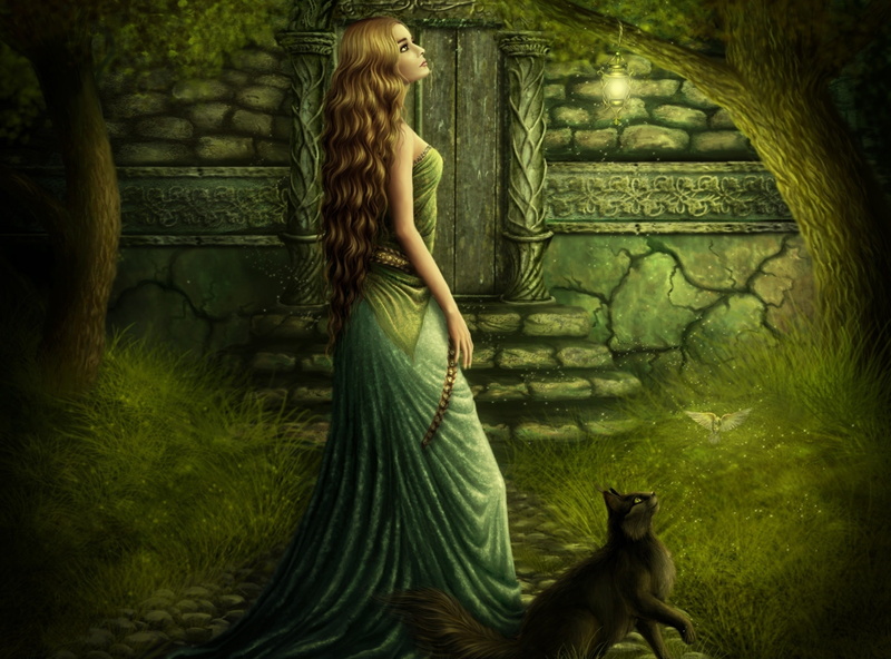 three quarter length, beautiful woman, mammal, dress, one person, hairstyle, sitting, green, Fairytale, animal wildlife, adult, green color, strapless