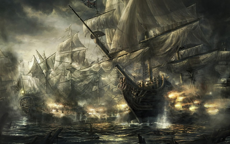 galleon, ocean, wreck, pirate, digital art, illustration, advent, ships, 1080P, rado javor, action, enemy, battle, gray, fire, ship
