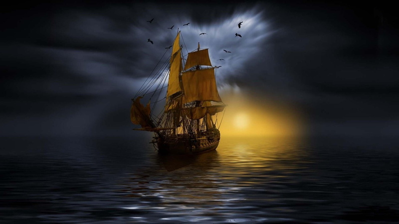 fantasy, boat, water, 1080P, ship, sail, night, mast