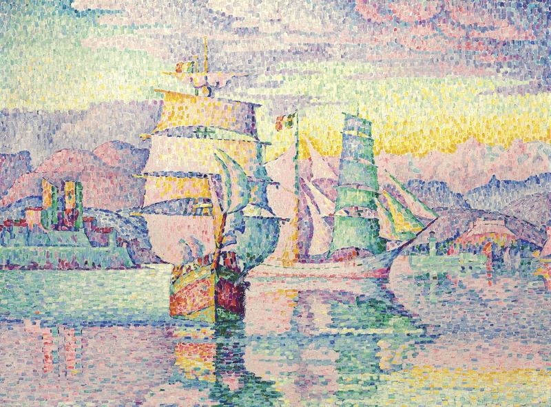 seascape, Antibes. Brigantine, picture, sail, 2K, ship, Paul Signac, pointillism