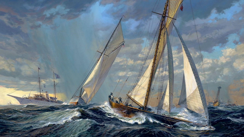 wave, tall ship, sailing ship, mode of transportation, oil painting, brigantine, wind, cloud - sky, sailing, ship, schooner, no people, water, sky, environment