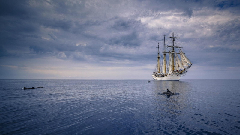 calm, sky, water, barque, travel, nautical vessel, ocean, cloud, tall ship, pole, cloud - sky, outdoors, sailboat, nature, 1080P, mode of transportation