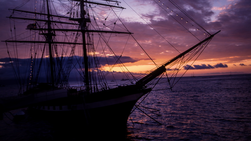 ship, purple sky, water, sailing ship, silhouette, pole, no people, sunset, 4K, brigantine, yacht, schooner, horizon, tall ship, transportation, outdoors