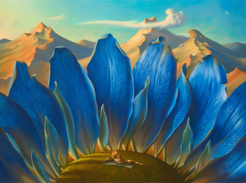 clouds, Metamorphosis, picture, surrealism, Vladimir Kush, the magical world, 2K, the sky, blue sunflower, painting, mountains