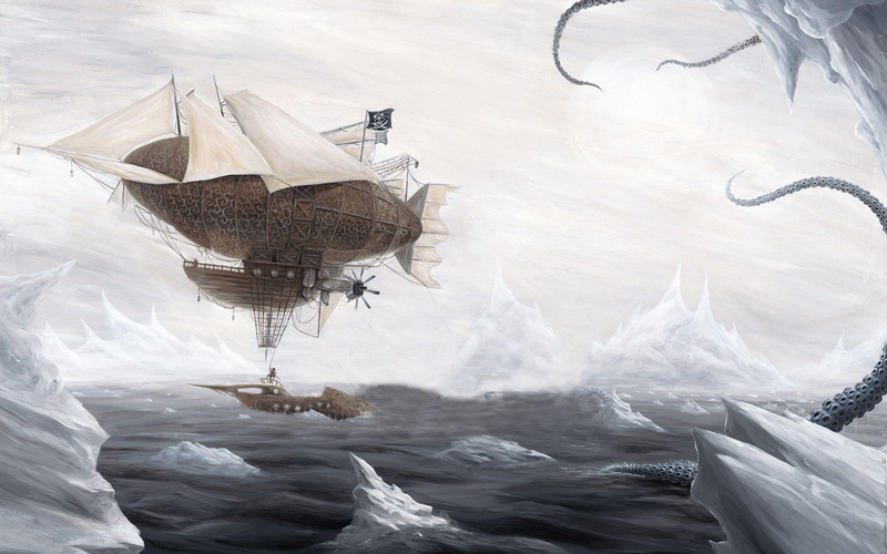 steampunk, sea, 1920x1200, pirate, hot, brown, nautilus, painting, frozen, flying, 1080P, ship, blimp, fantasy, air, kraken