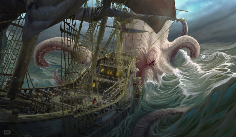 tentacles, fantasy art, Kraken, ship, 2K